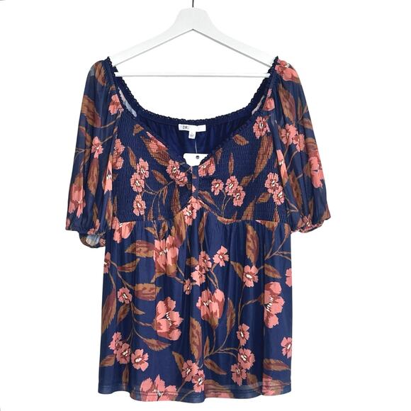 Daniel Rainn Mesh Floral Smocked Babydoll Top In Indigo Blue - Picture 2 of 6